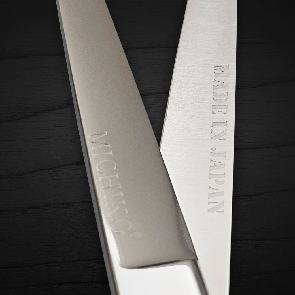 Close-up of hair scissors blades with 'Made in Japan' engraving on a white background