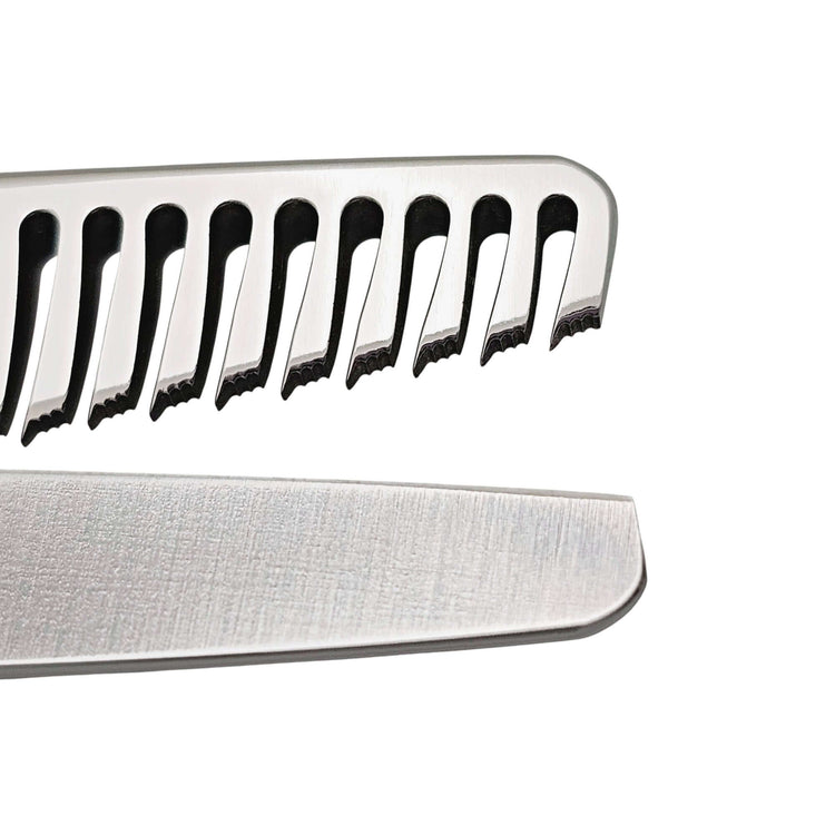 Metallic teeth from the hair texturizer on a white background
