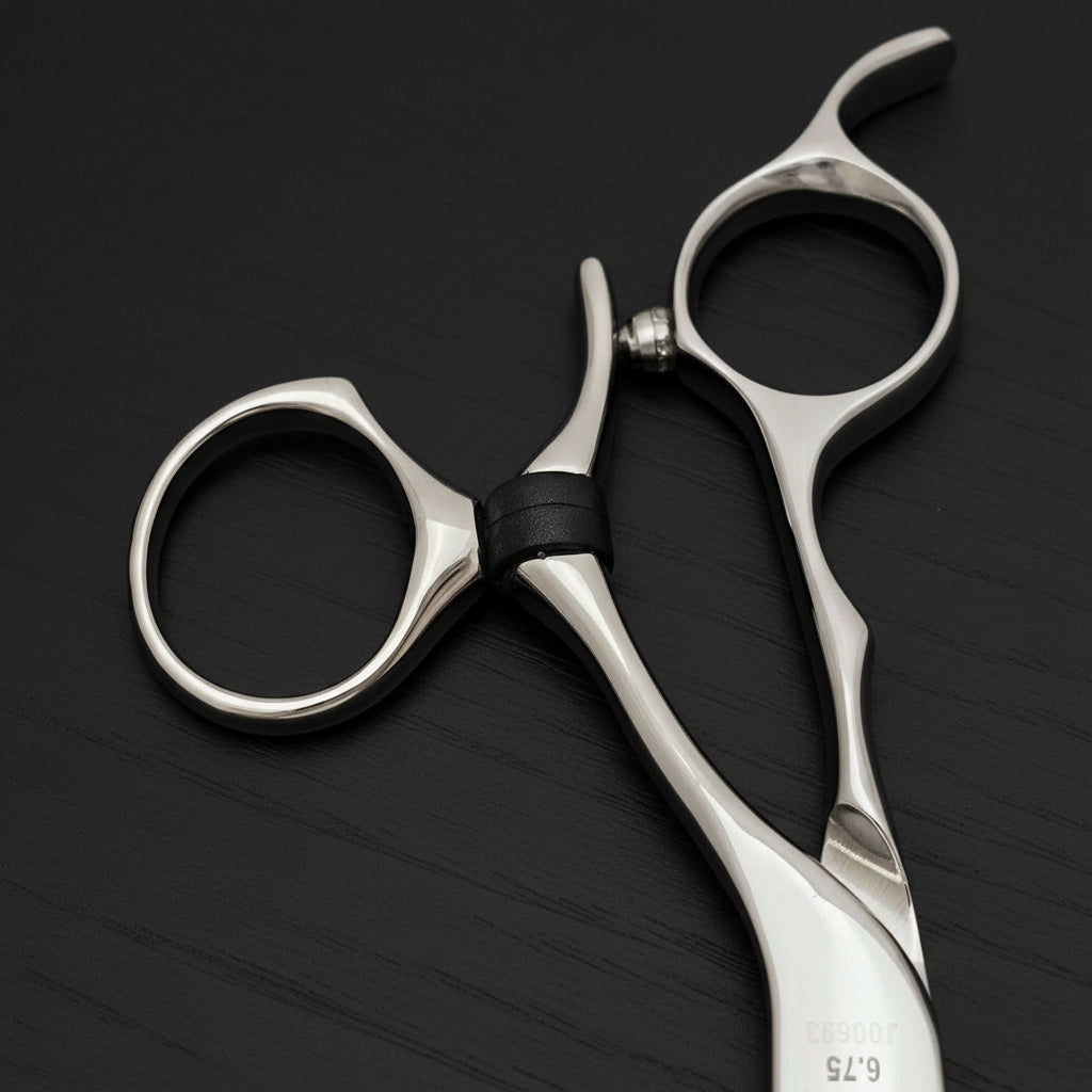 Close-up of a pair of swivel scissors on a white background