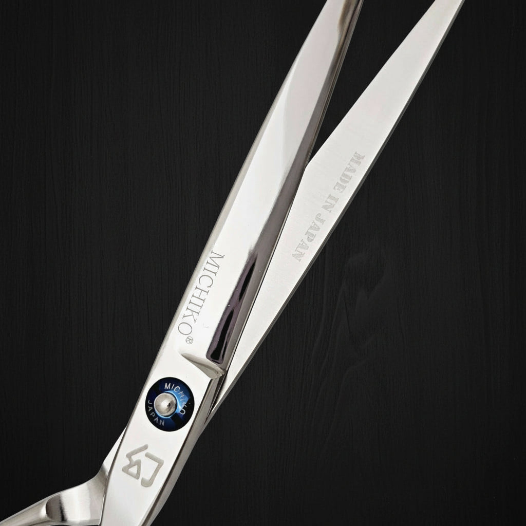 Close-up of a pair of silver hair scissors with brand markings on a white background