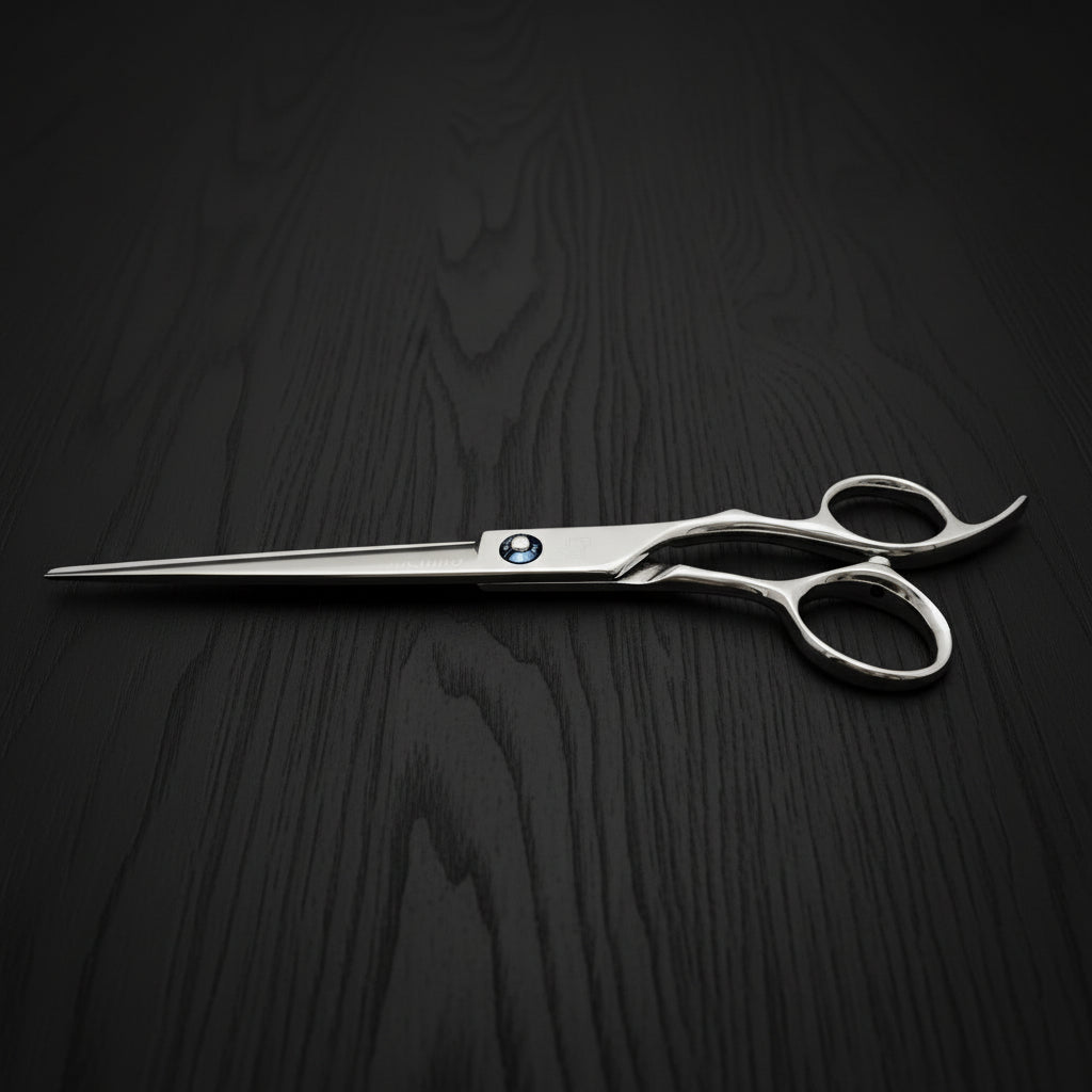 Silver hair scissors with a MICHIKO logo on a white background