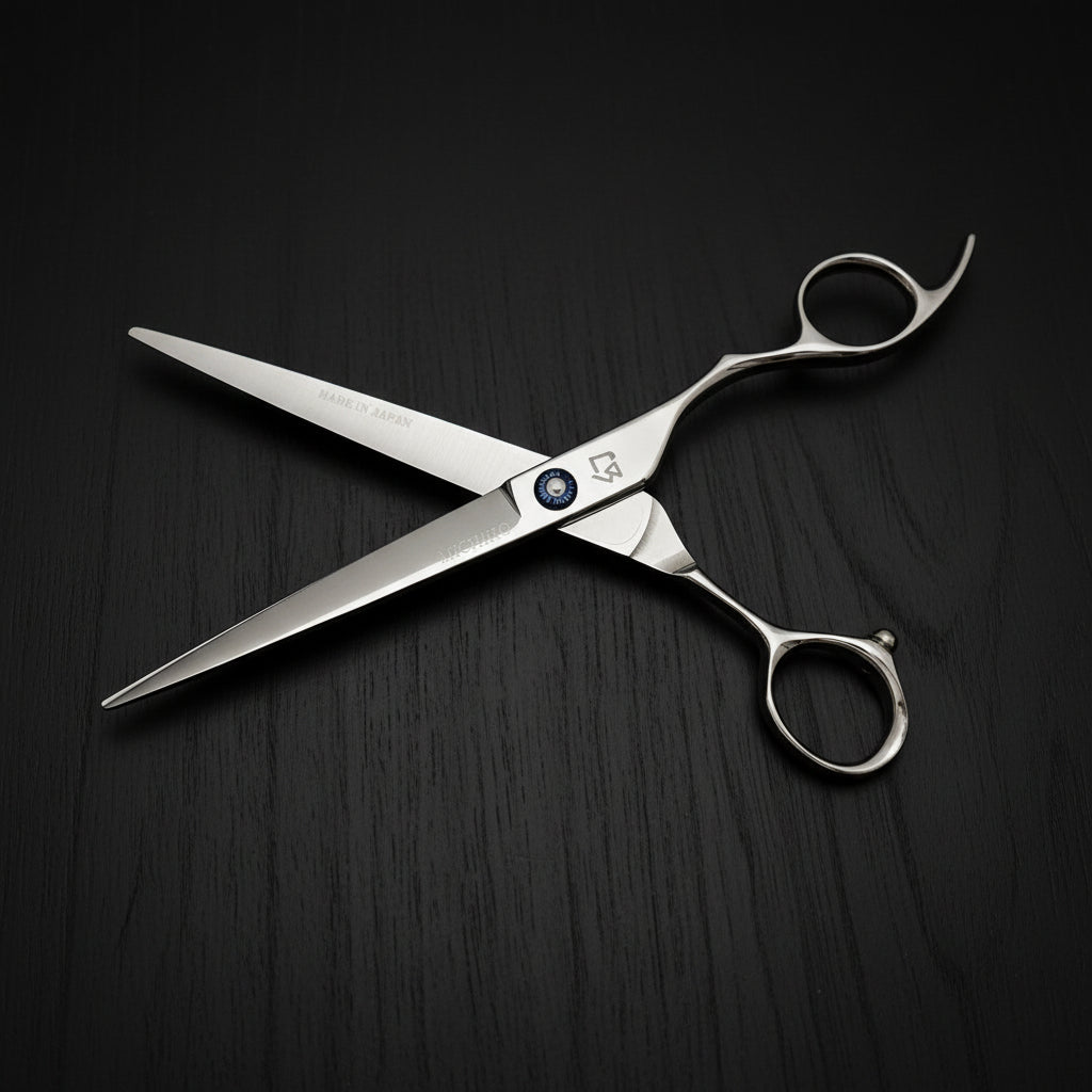Hair cutting scissors with a brand logo on a white background