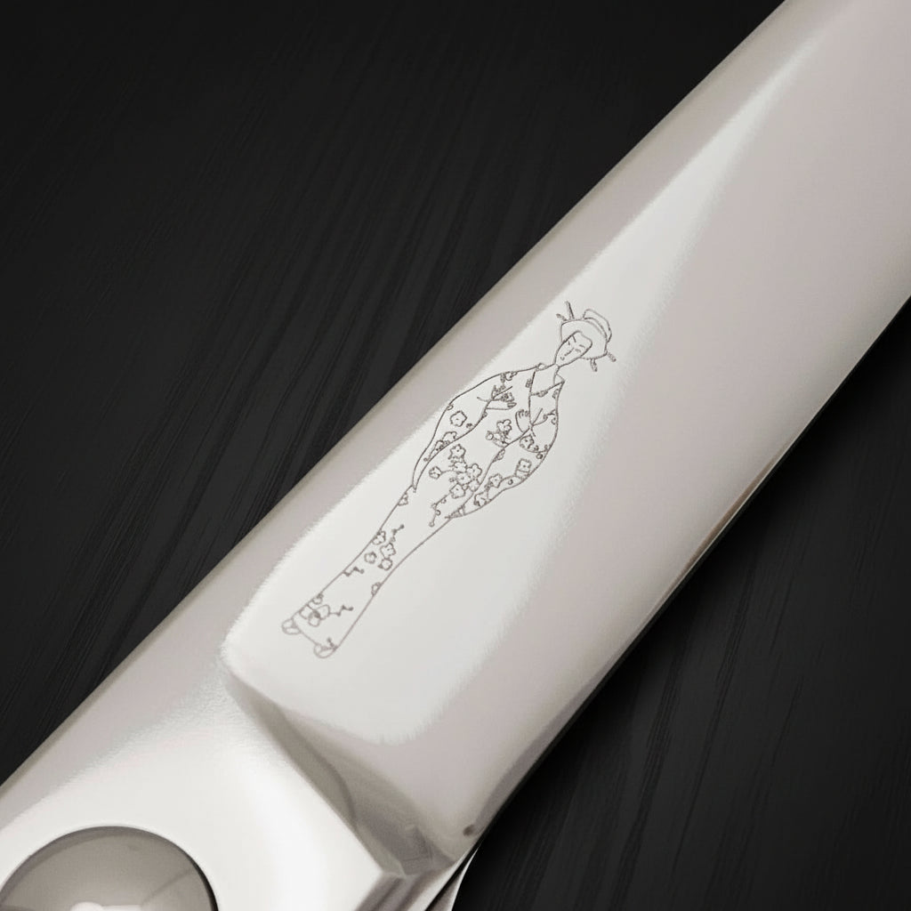 Close-up of a hair scissor blade with engraved Japanese lady wearing a kimono design on a white background