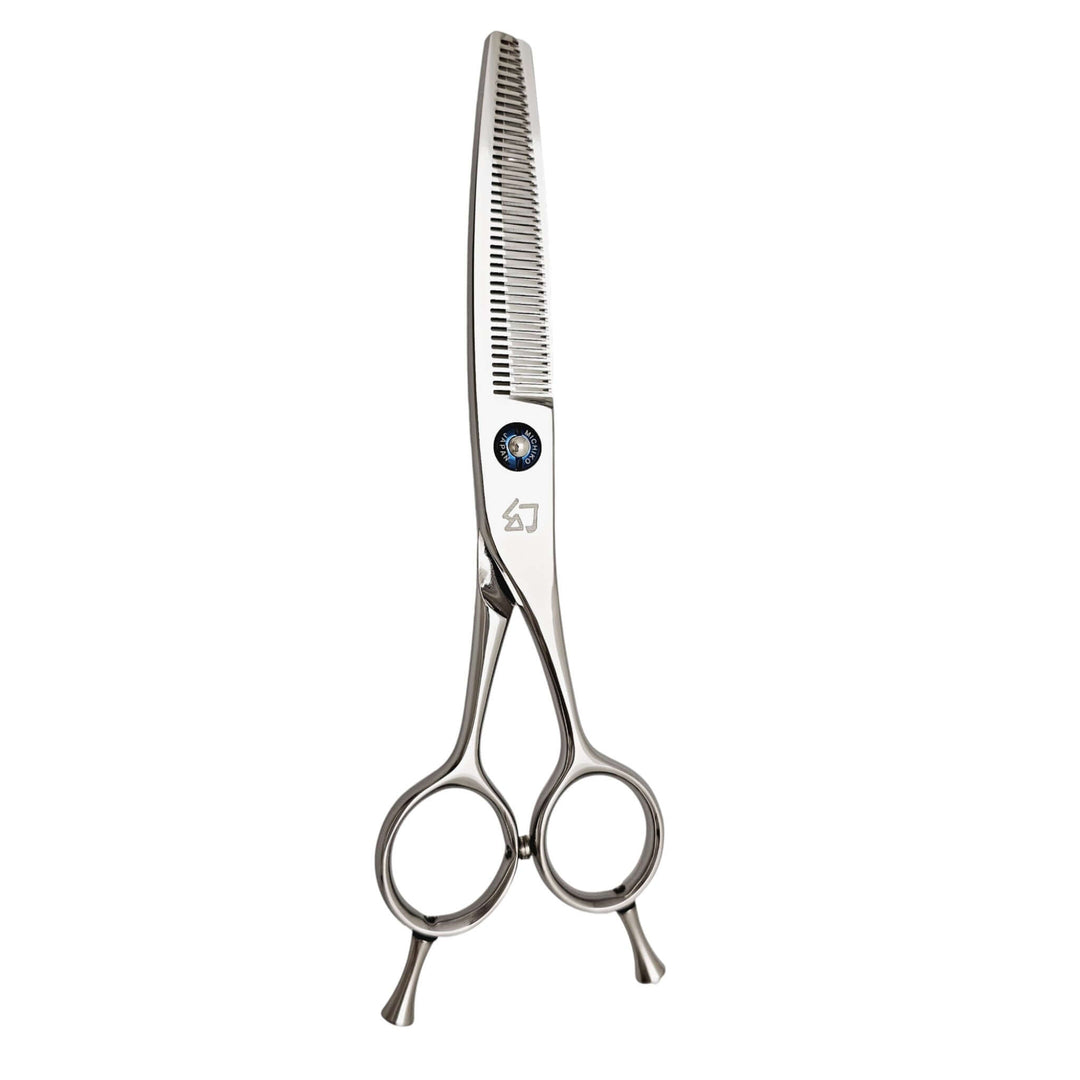 Hair thinning scissors with a brand logo on a white background