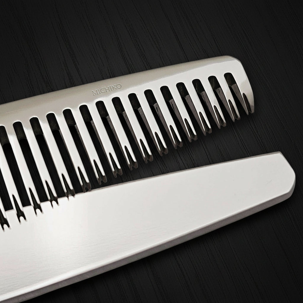 Close-up of hair thinning blade on a white background