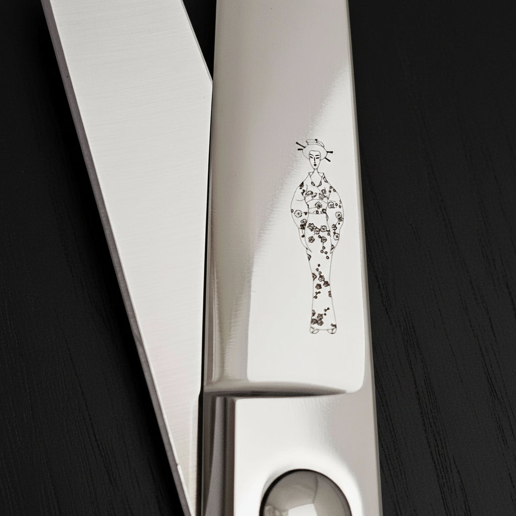 Close-up of hair scissors blades with decorative Japanese lady wearing a kimono engraving on a white background