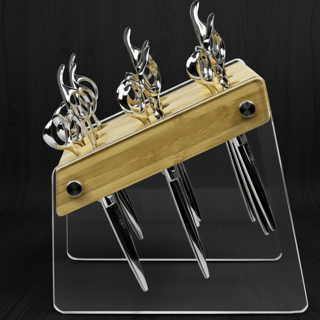 Bamboo & Glass Hair Scissor Holder | 9-Slot Barber Shear Stand | Salon Organizer Decor