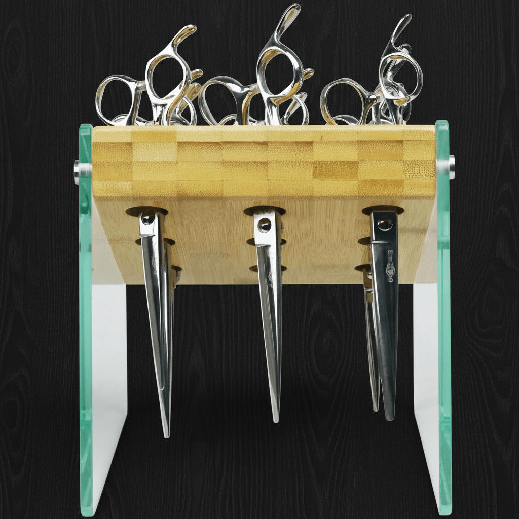 Bamboo & Glass Hair Scissor Holder | 9-Slot Barber Shear Stand | Salon Organizer Decor