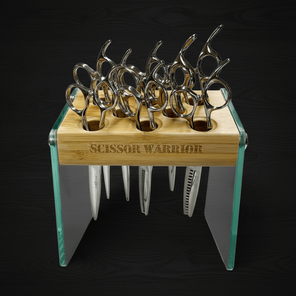 Premium Bamboo & Glass 8-Slot Hair Scissor Holder / Salon Organizer Block