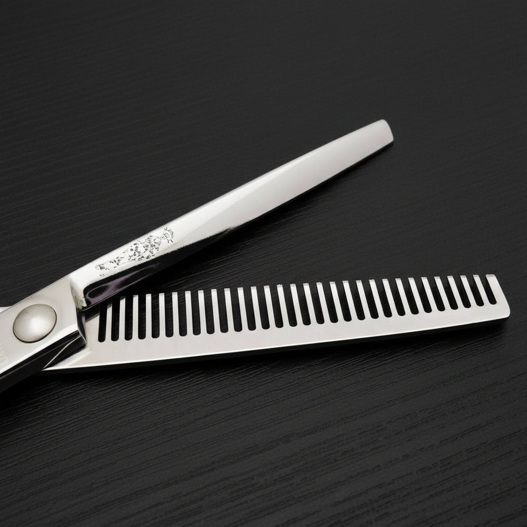 Hair thinning scissors on a black background