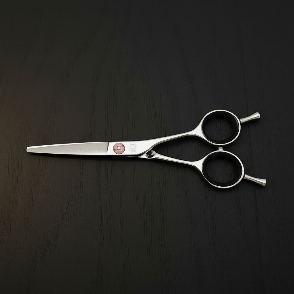 Pair of hair scissors with a pink screw on a black oak textured surface
