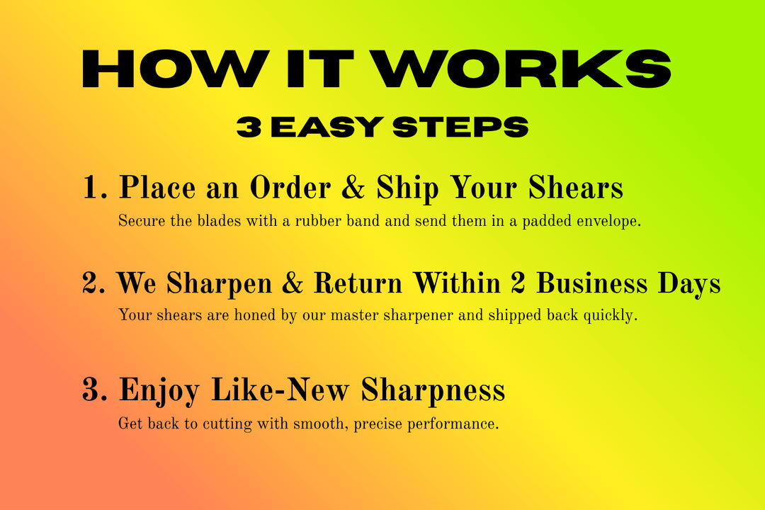 Promotional text for a shears sharpening service with steps on a gradient background