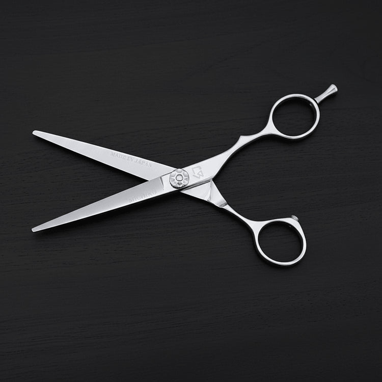 A pair of polished stainless steel hairdressing shears scissors, shown open on a dark textured background.