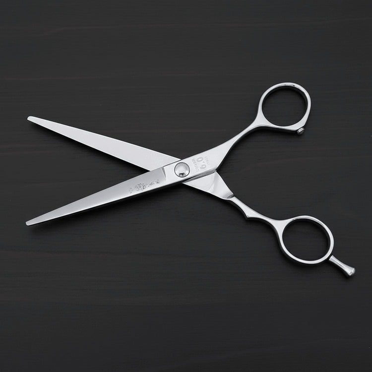 A pair of silver metal hairdressing shears with ergonomic ring handles, shown open on a dark textured background.
