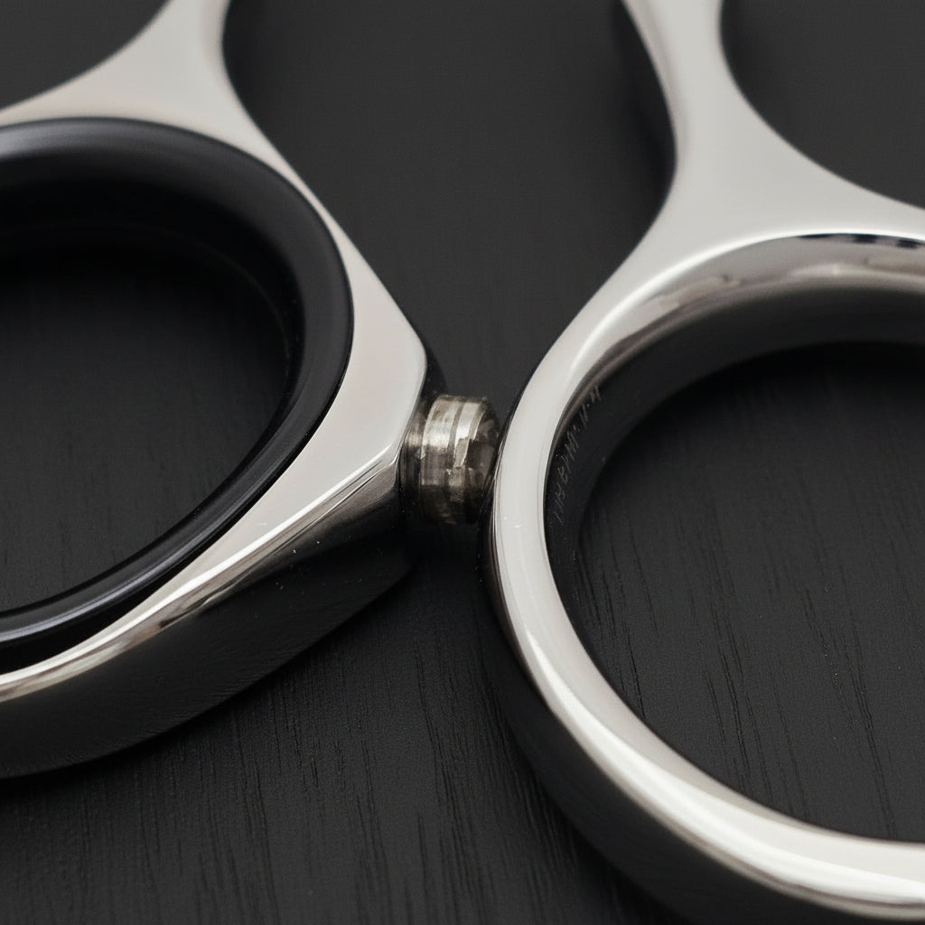 Close-up of finger and thumb rings of hair shears on a black oak textured background
