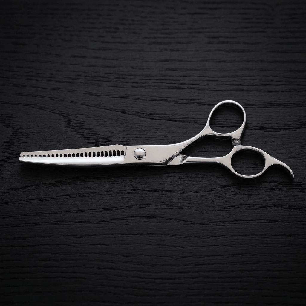 Hair thinning shears on a black background.