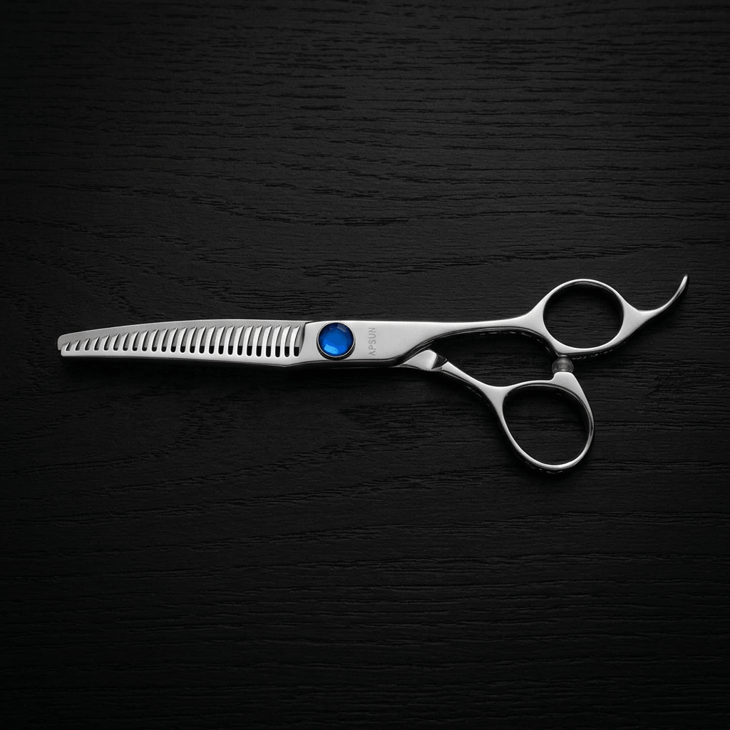 Hair thinning shears on a black background.