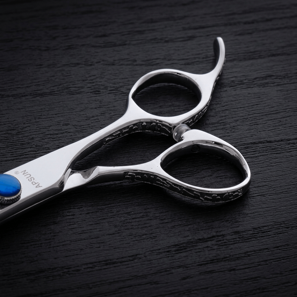 Hair thinning shears on a black background.