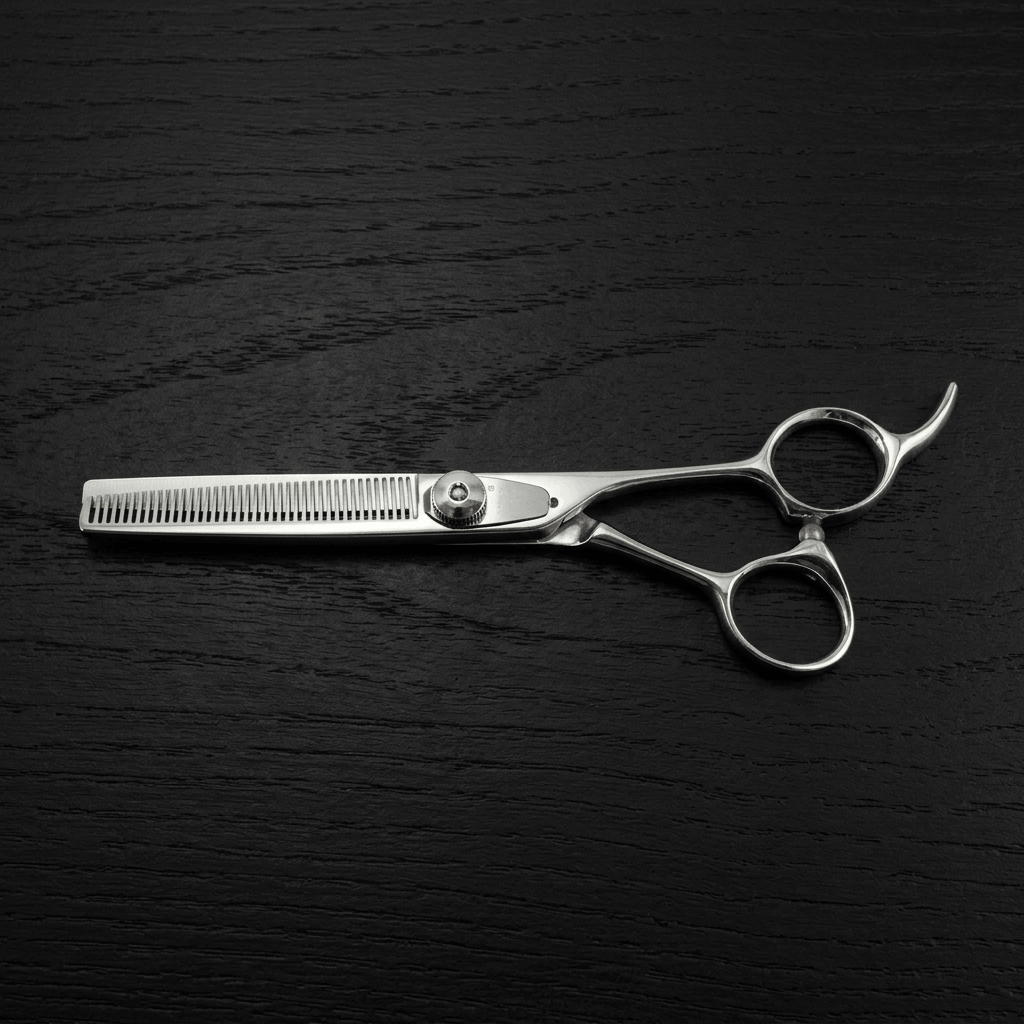 Barber thinning scissors on a black background.