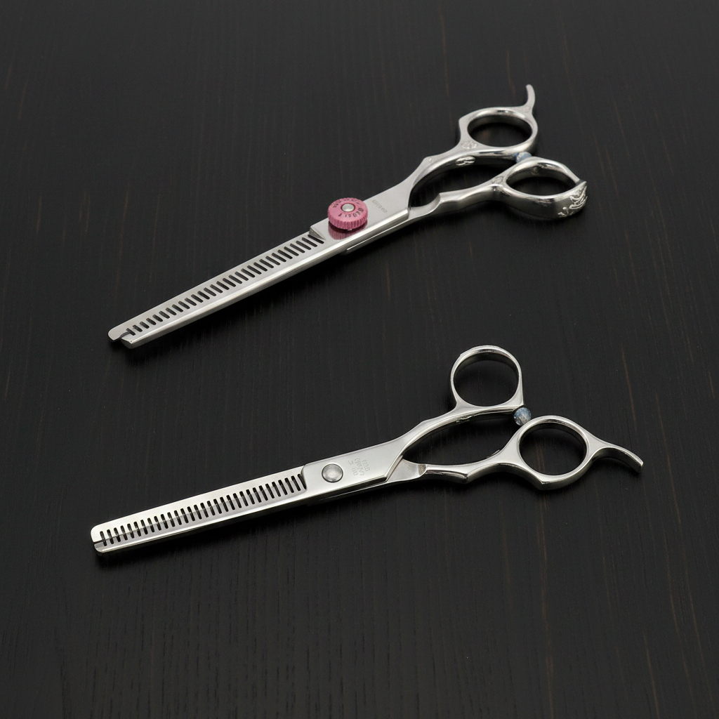 Two pairs of silver thinning scissors on a dark wooden surface, showing the front and back of the shears.