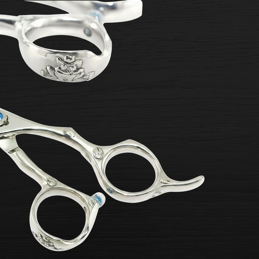 Silver scissors with a brand logo on a black background