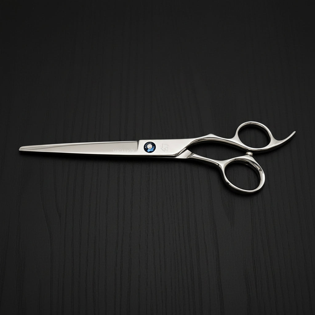 Hair cutting scissors with a brand logo on a white background