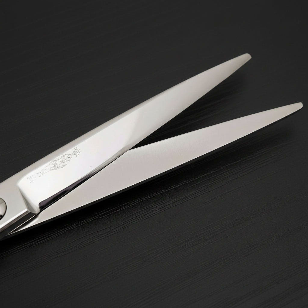 Close-up of a pair of silver hair scissors on a black oak textured background