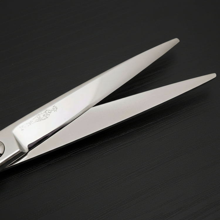 Close-up of a pair of silver hair scissors on a black oak textured background