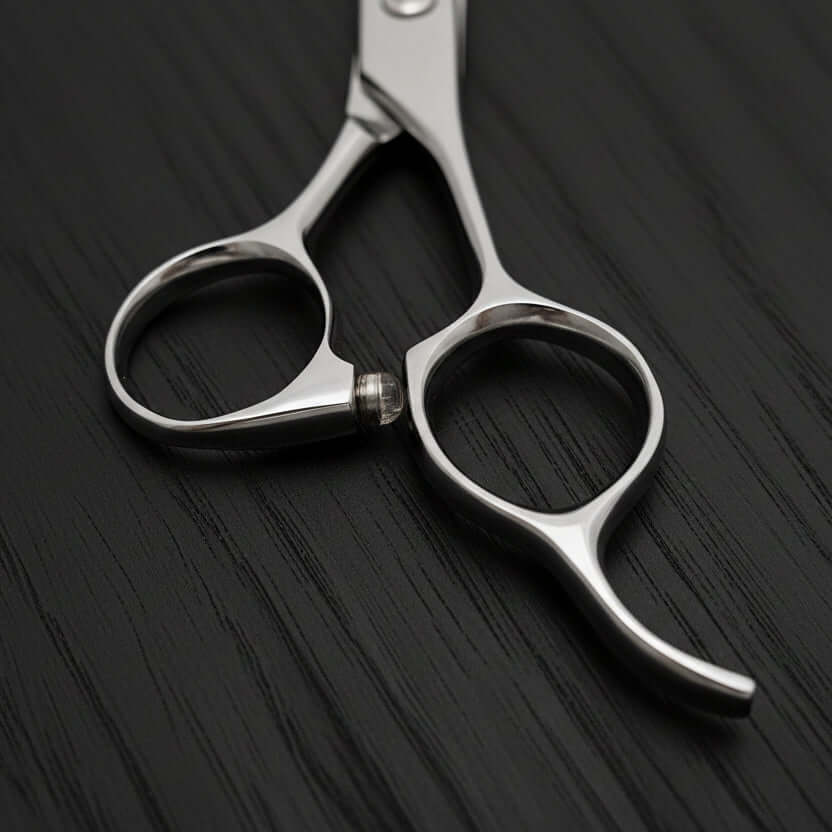 Silver scissors on a light gray background