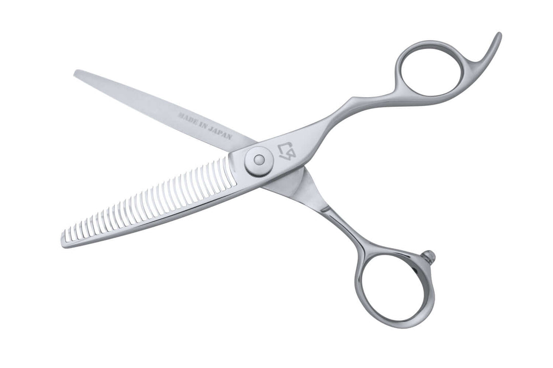 Michiko MK T302 Japanese Hair Thinning Shears in open position.