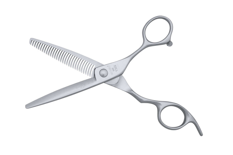 The back side of Michiko MK T302 Japanese Hair Thinning Shears in open position.