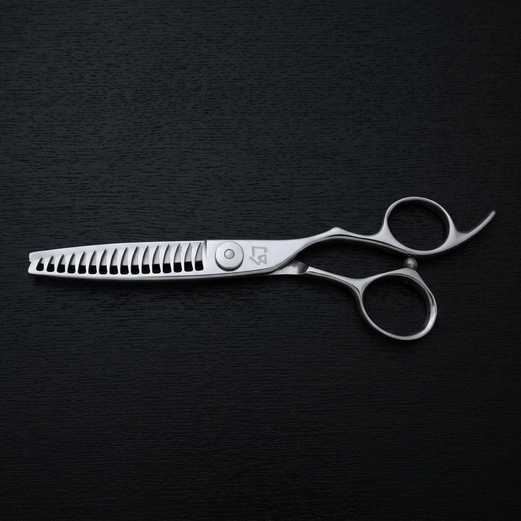 Michiko MK T165 texturizing shears on a black bakground.