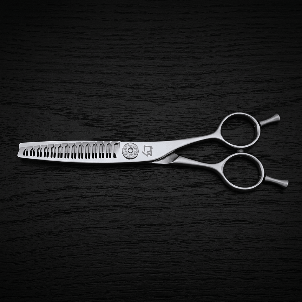Silver hair texturizing shears with a comb-like cutting edge, shown horizontally on a dark textured background.