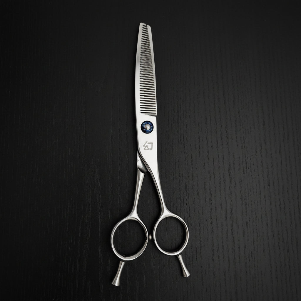 Hair thinning scissors with a brand logo on a black background