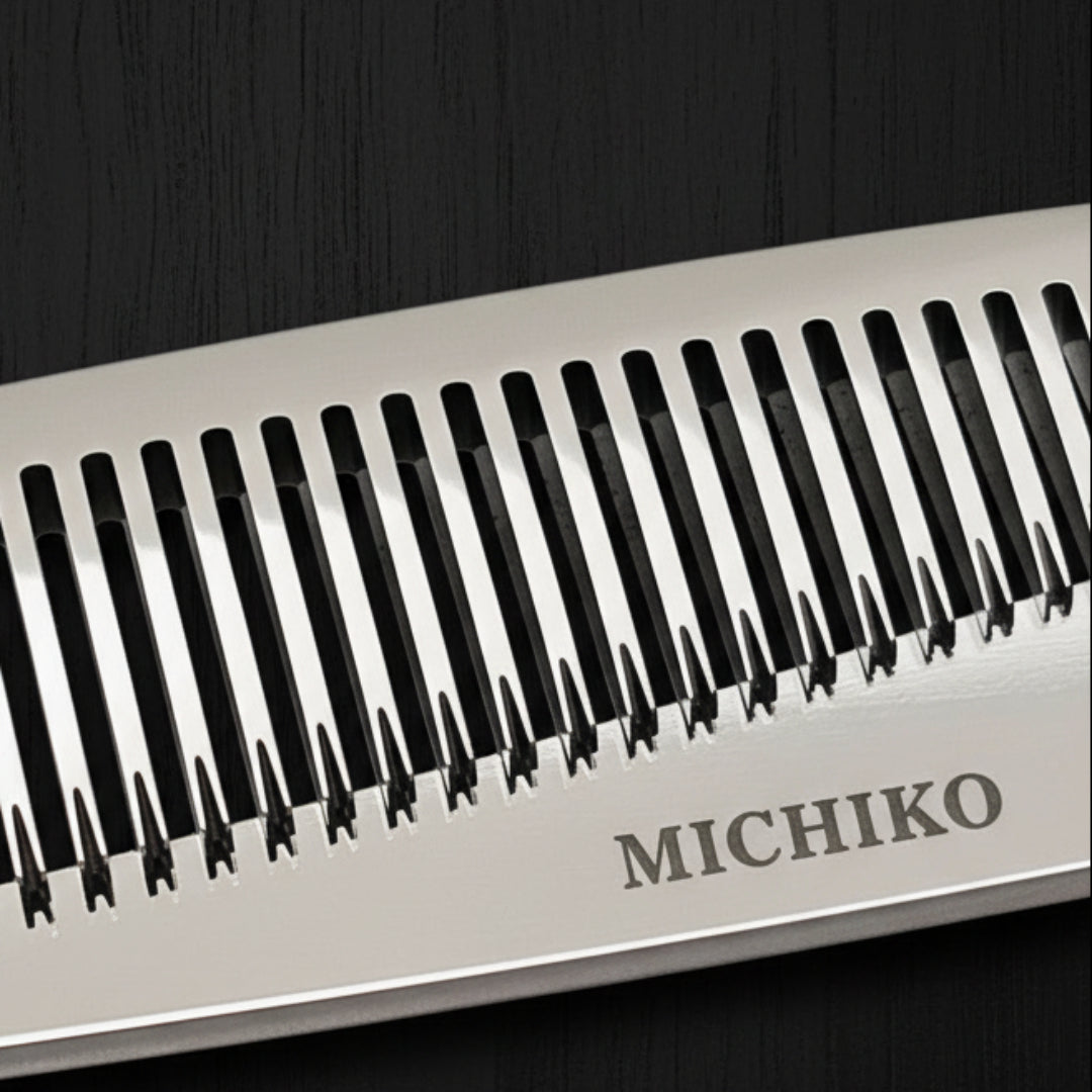 Close-up of a thinning blade of hair shears with 'Made in Japan' text on a black background