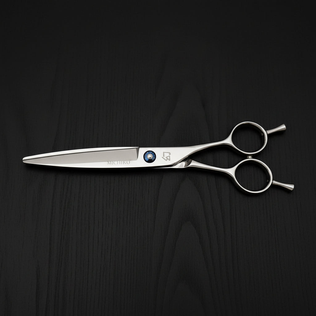 Hair cutting scissors with brand logo on a white background