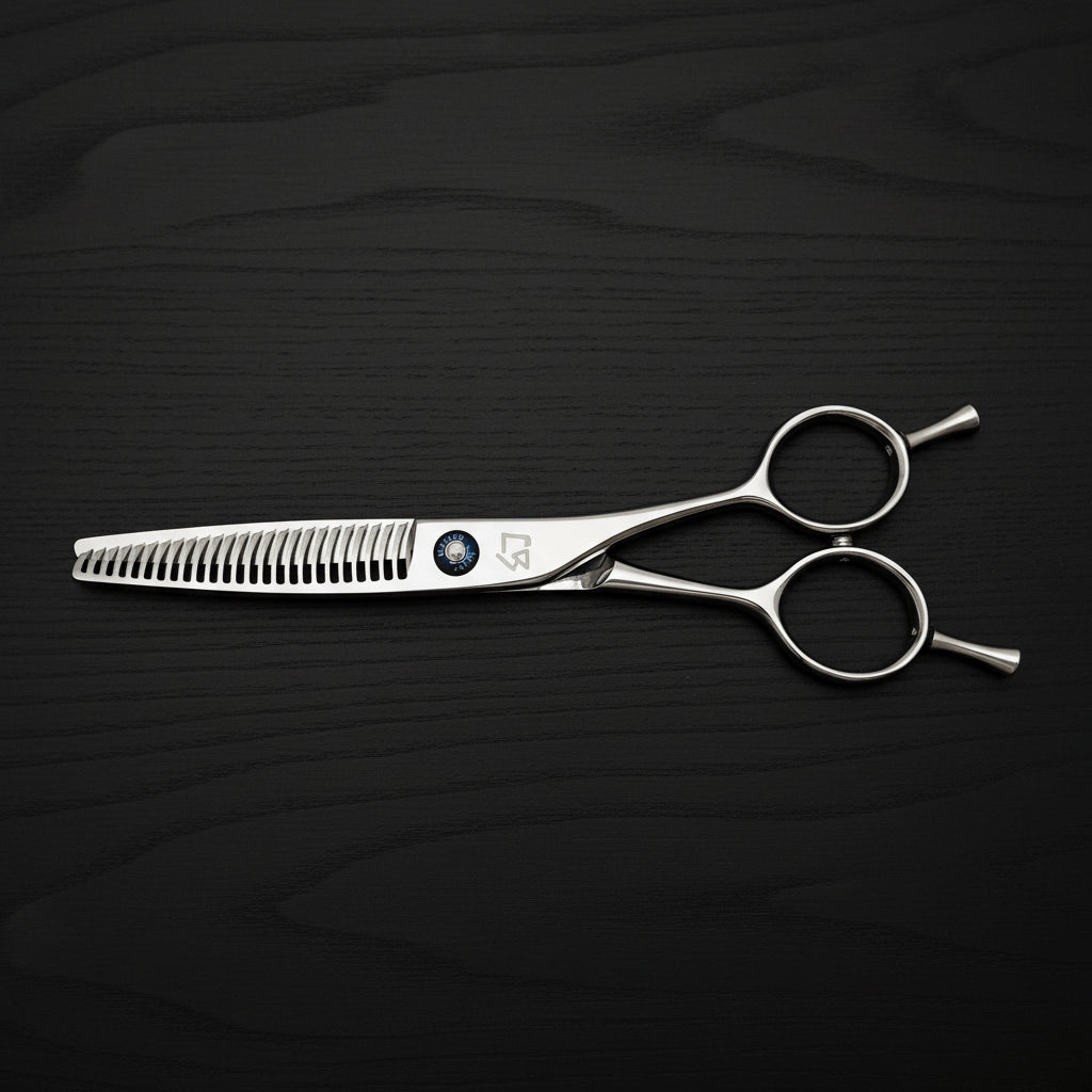Hair thinning scissors on a black textured background