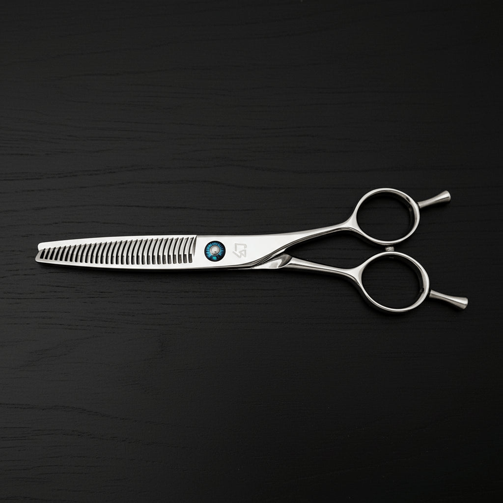 Hair cutting scissors on a black background