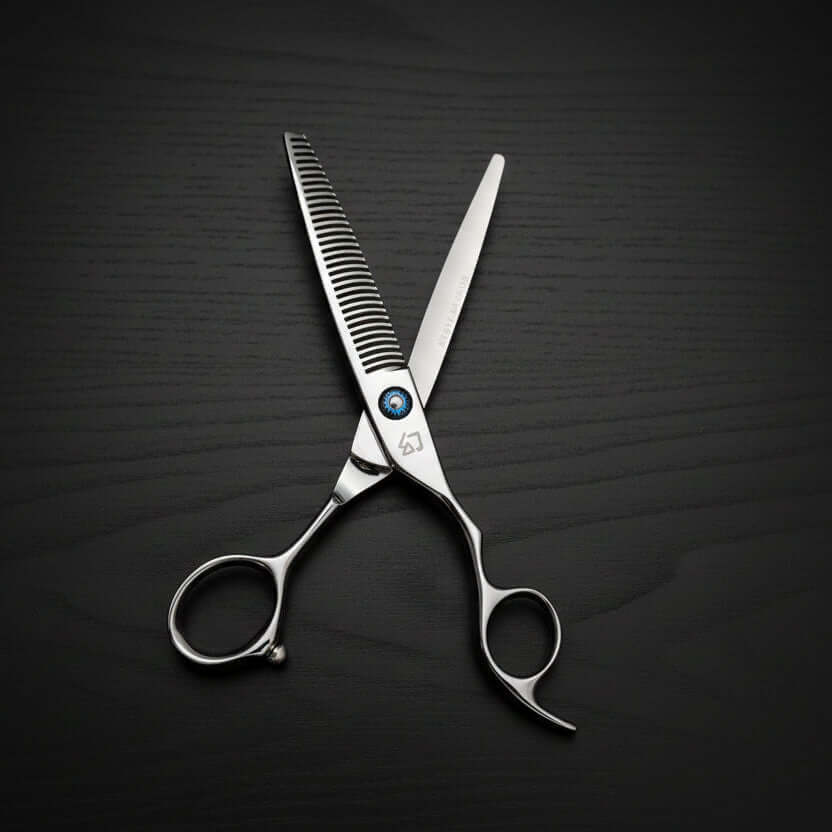 Hair cutting scissors with a brand logo on a black background