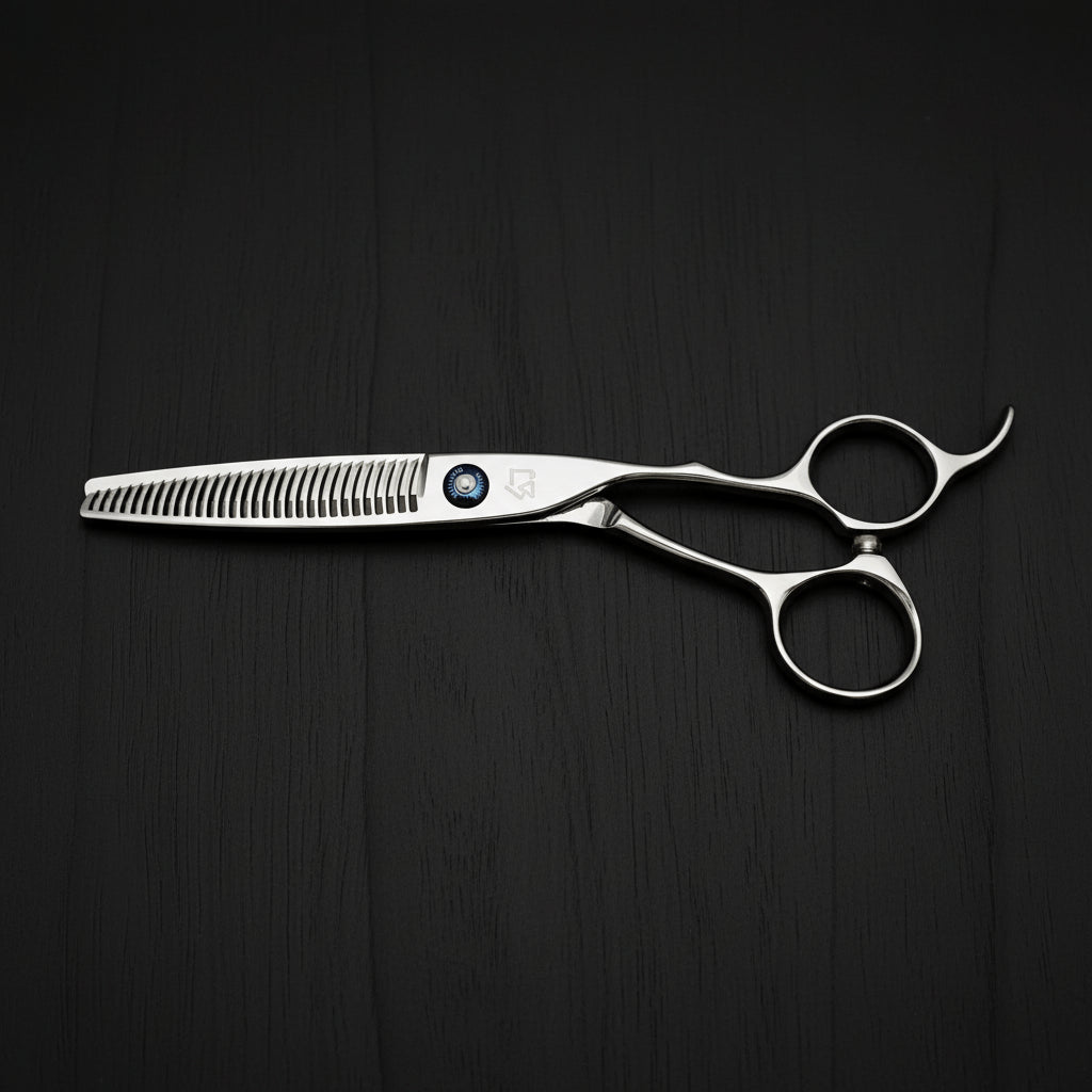 Pair of hair thinning scissors on a black background
