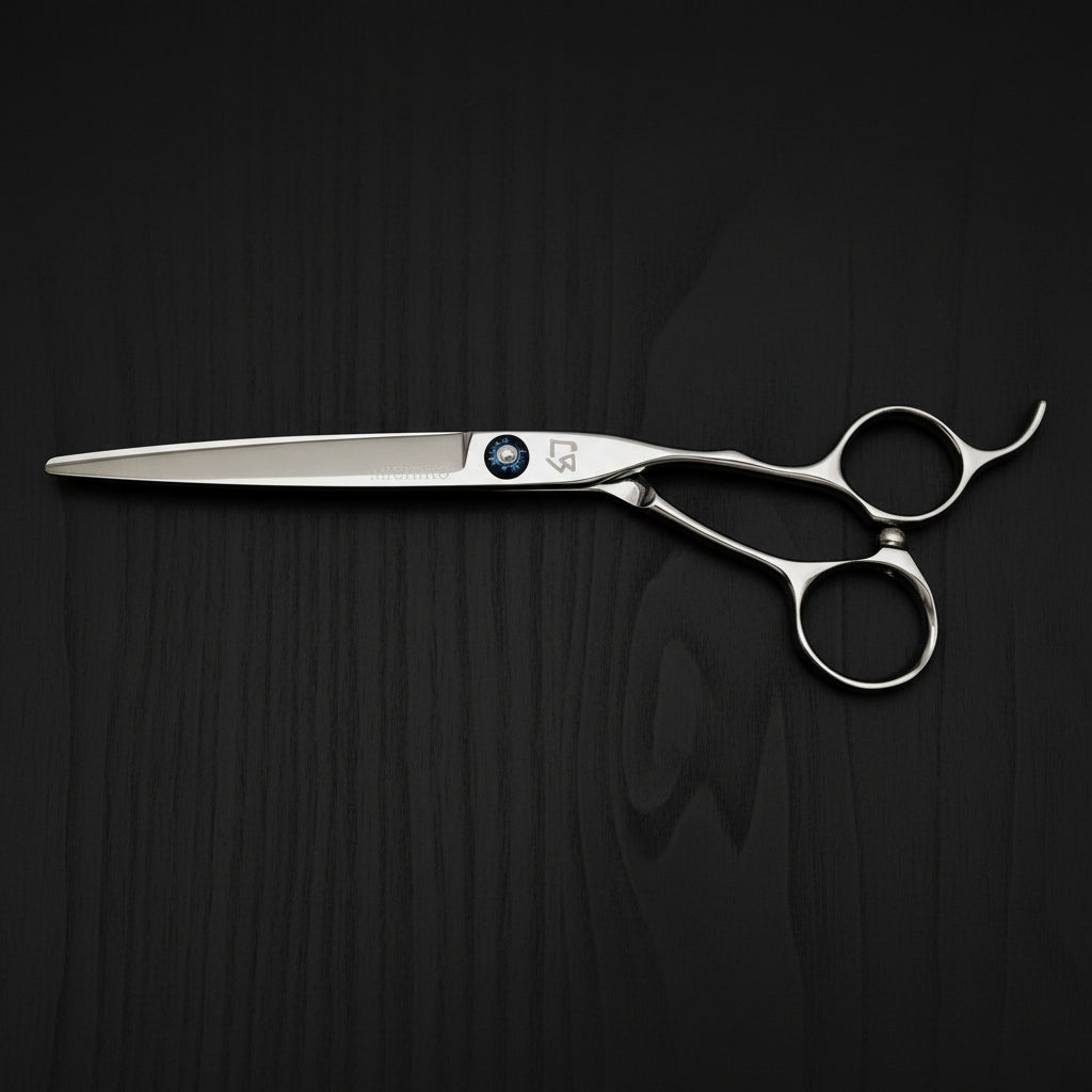 Hair cutting scissors with a brand logo on a white background