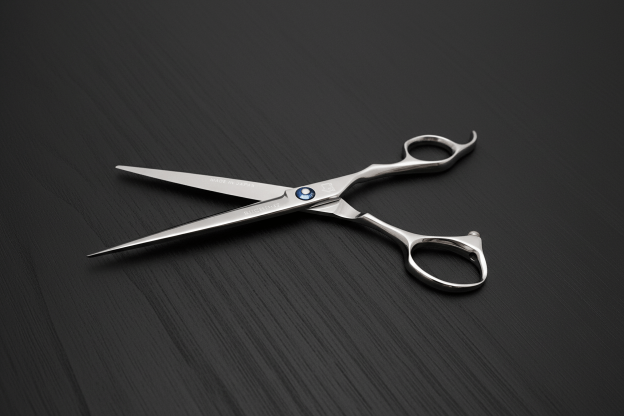 Pair of hair scissors on a dark textured surface