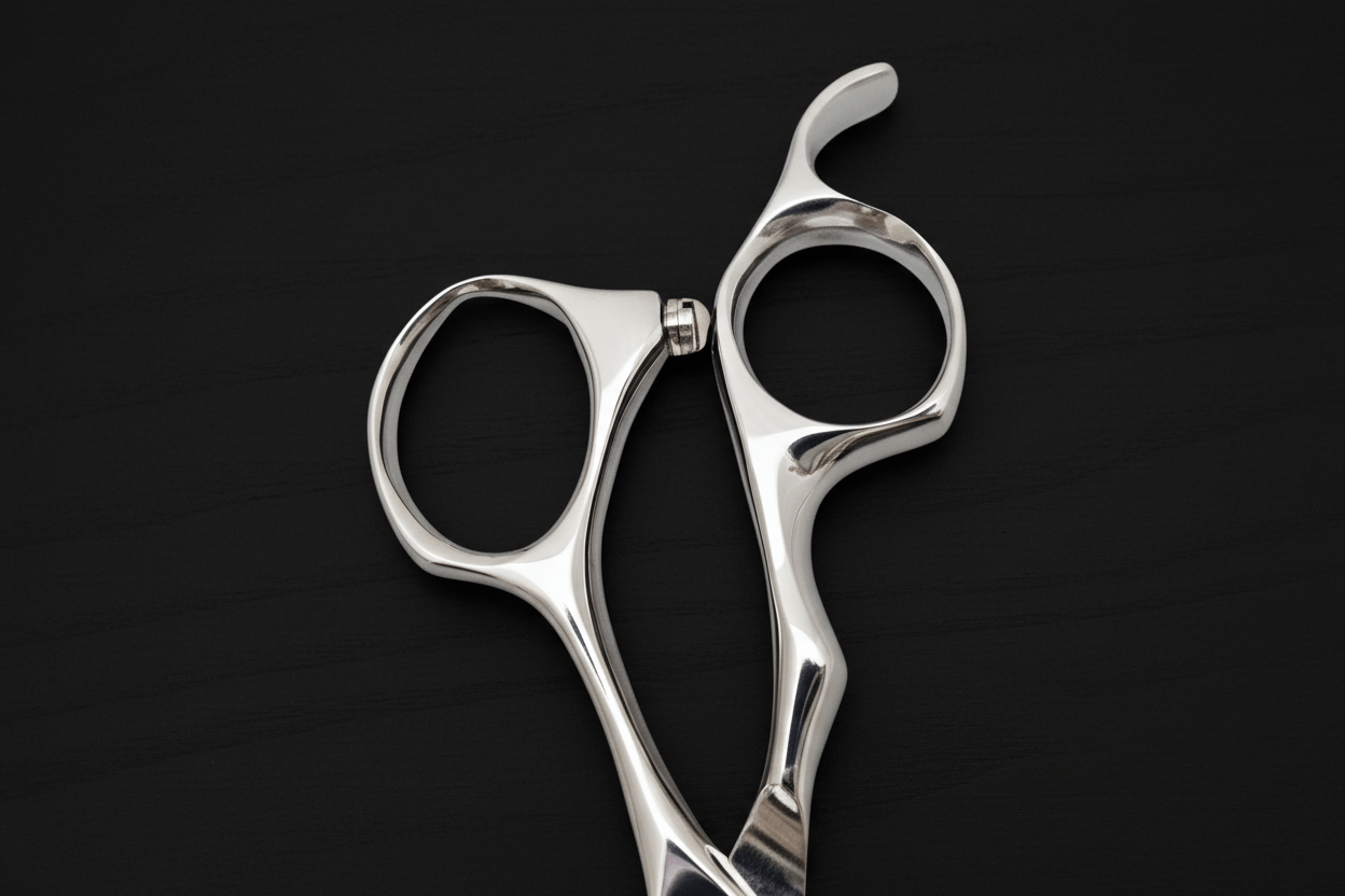 Close-up of hair scissors handle on a black background