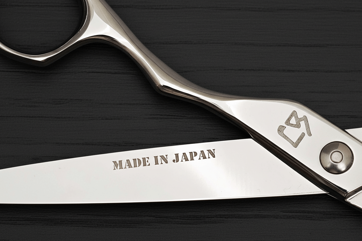 Hair shears with 'Made in Japan' engraving on a dark background