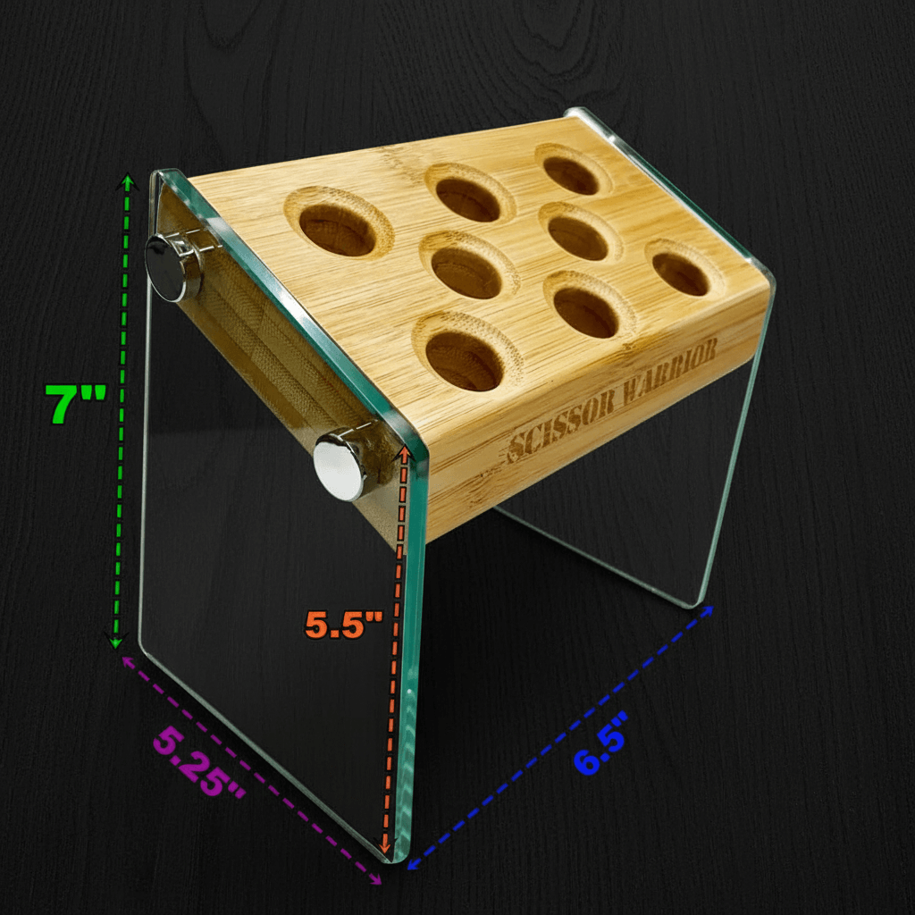 Premium Bamboo & Glass 8-Slot Hair Scissor Holder / Salon Organizer Block