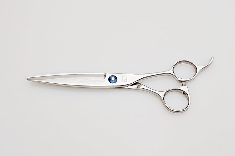 Hair scissors with a brand logo on a white background