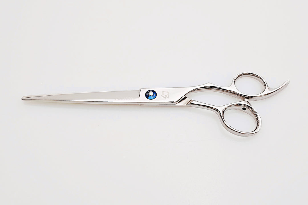 Hair scissors with a brand logo on a white background