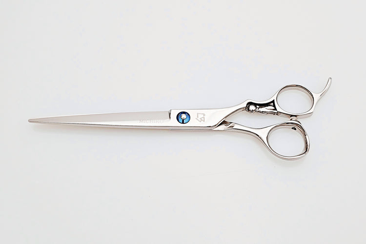 Hair scissors with a brand logo on a white background