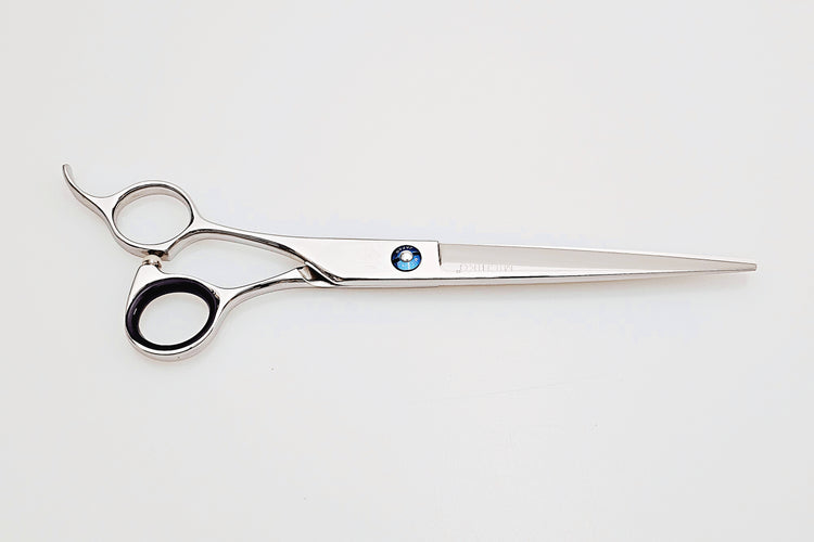 Lefty hair cutting scissors with a brand logo on a white background