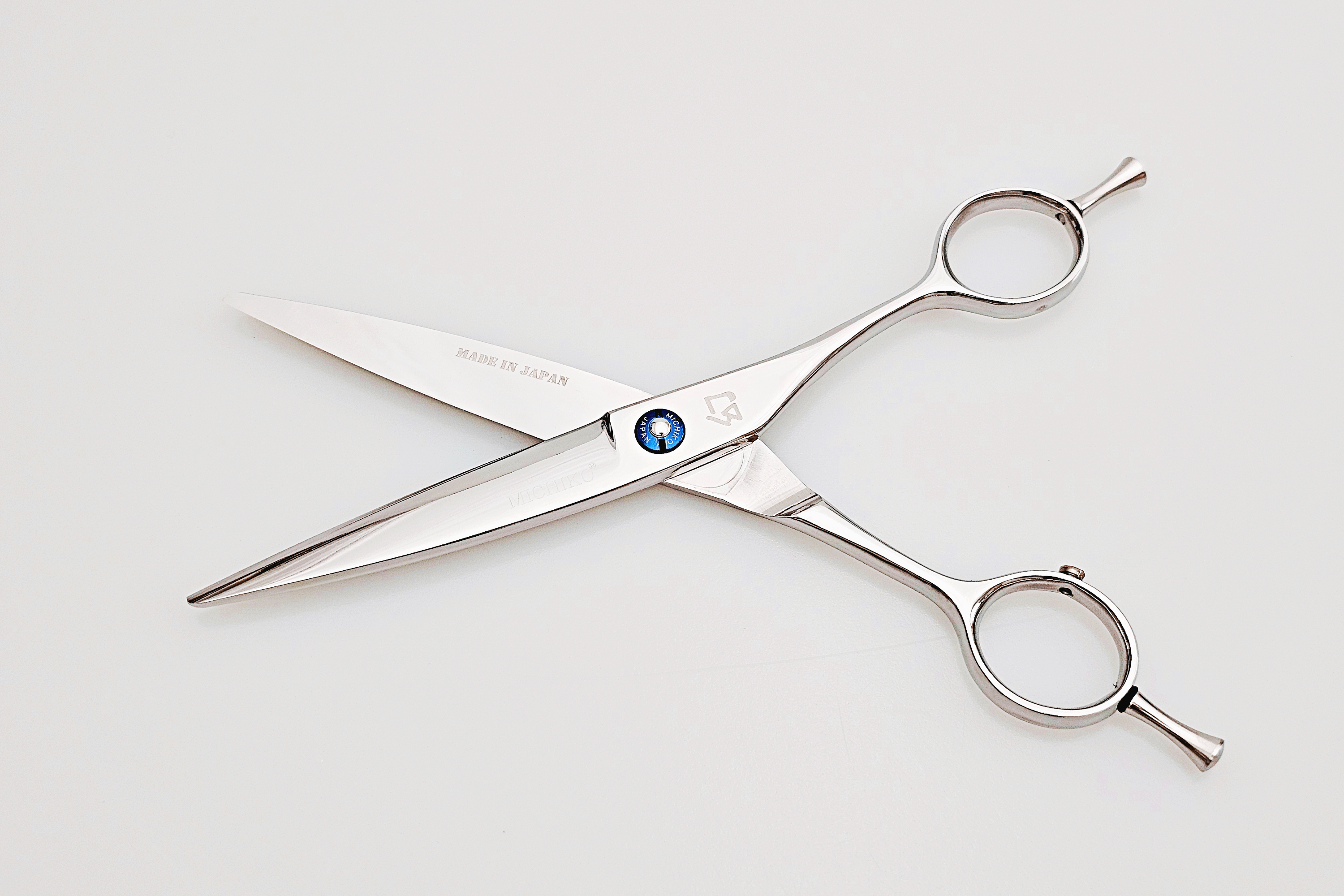 Pair of dry cut hair scissors with a visible brand logo on a white background